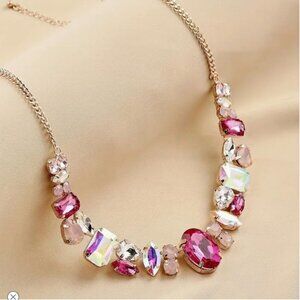 Necklace With Adjustable Chain Pink Crystal Accents Gold Tone
